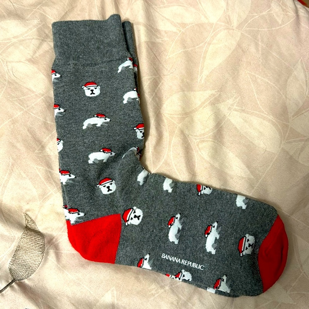 Banana Republic Gray Polar Bear with Santa Hat Socks